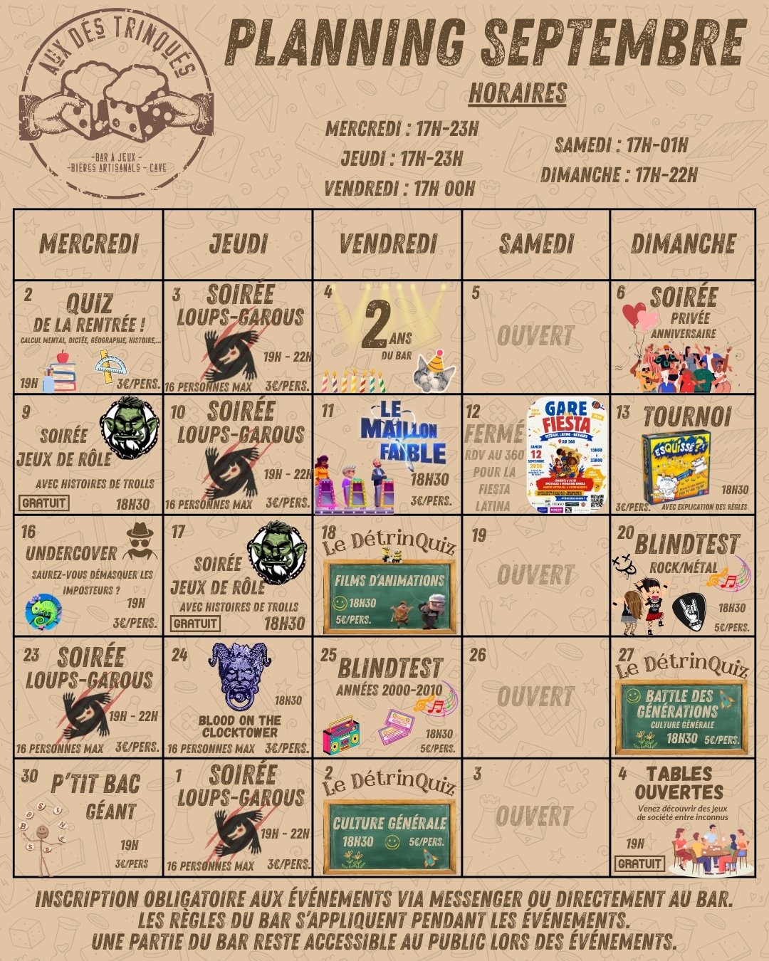 Planning de septembre Aux Dés Trinqués Béthune
