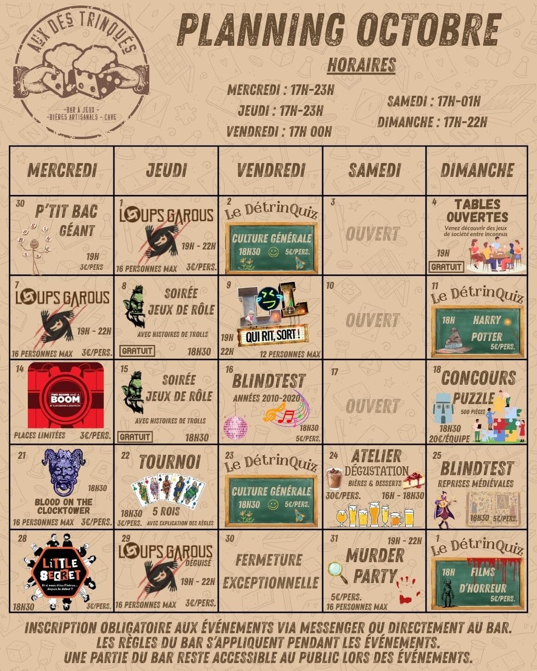 planning octobre Aux Dés Trinqués Béthune Bières artisanales